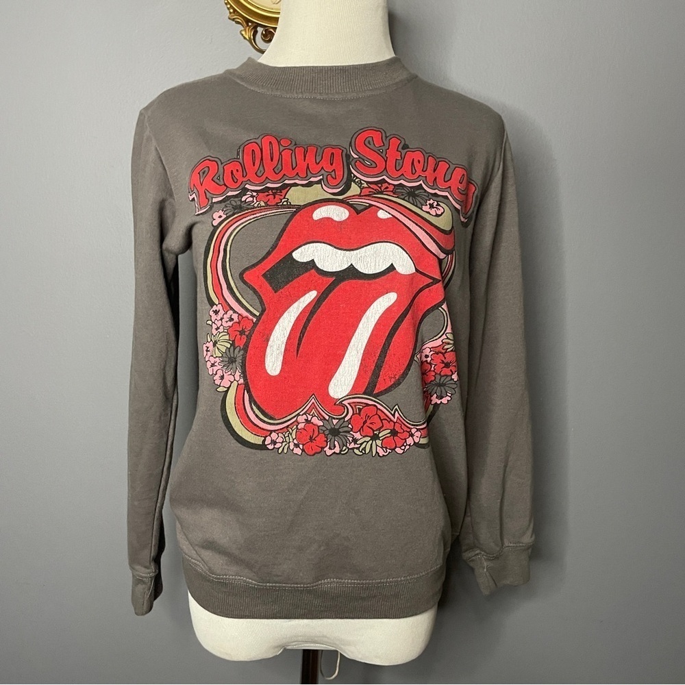 Rolling Stones Gray Vinyl Print Tongue Design Sweatshirt